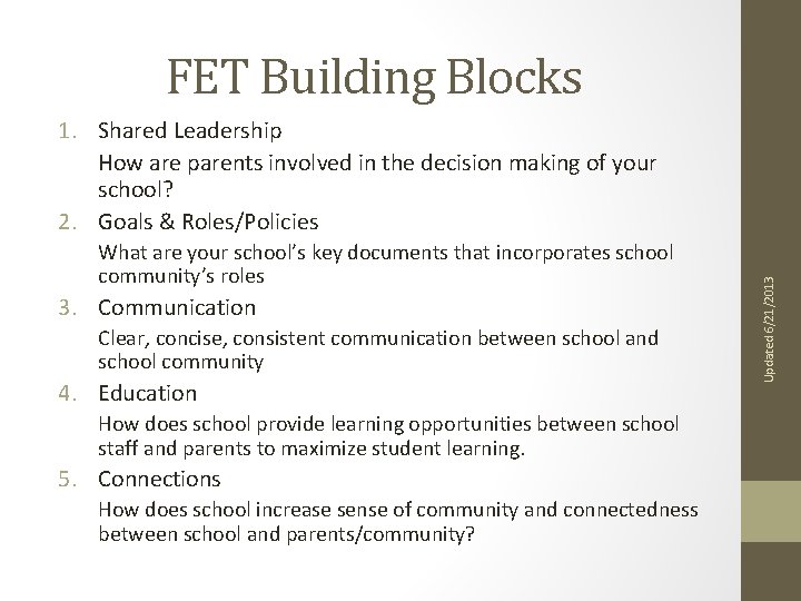FET Building Blocks What are your school’s key documents that incorporates school community’s roles