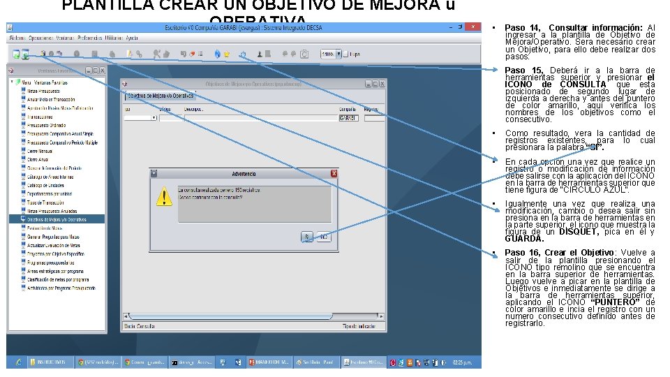 PLANTILLA CREAR UN OBJETIVO DE MEJORA u OPERATIVA • Paso 14, Consultar información: Al