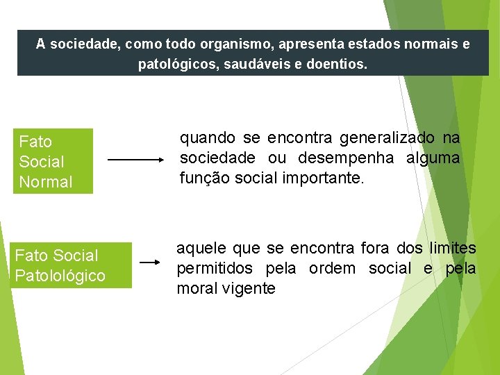 A sociedade, como todo organismo, apresenta estados normais e patológicos, saudáveis e doentios. Fato