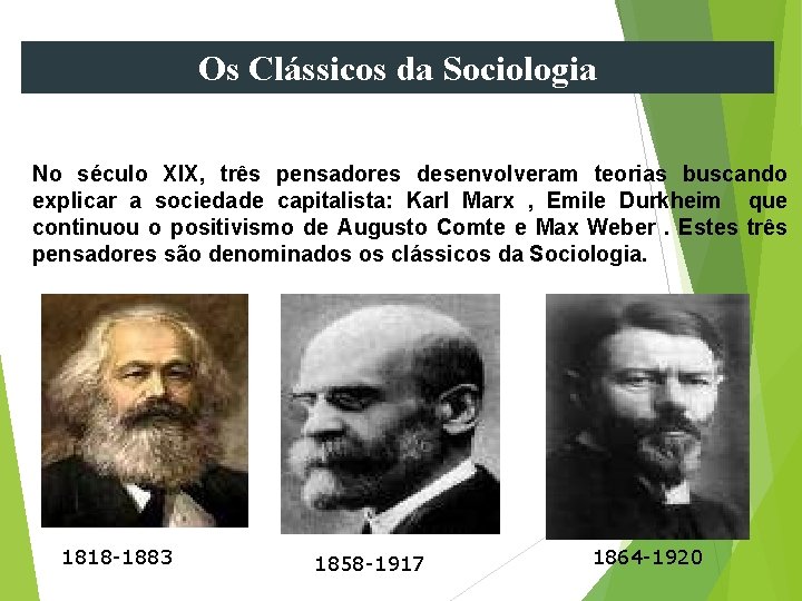 Os Clássicos da Sociologia No século XIX, três pensadores desenvolveram teorias buscando explicar a