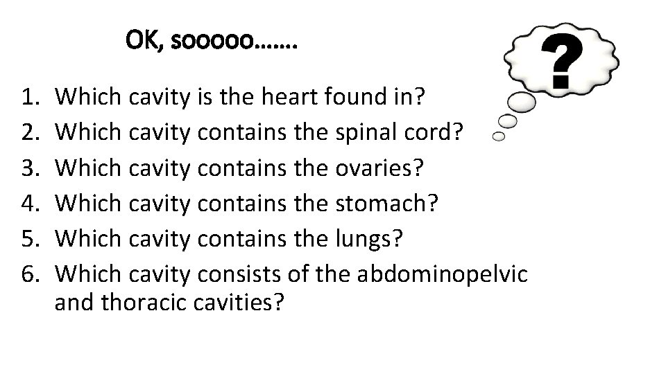 OK, sooooo……. 1. 2. 3. 4. 5. 6. Which cavity is the heart found