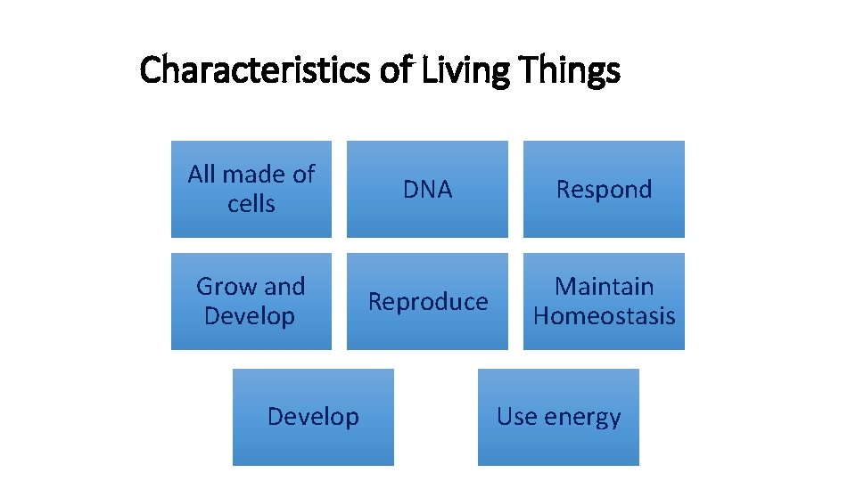 Characteristics of Living Things All made of cells Grow and Develop DNA Respond Reproduce