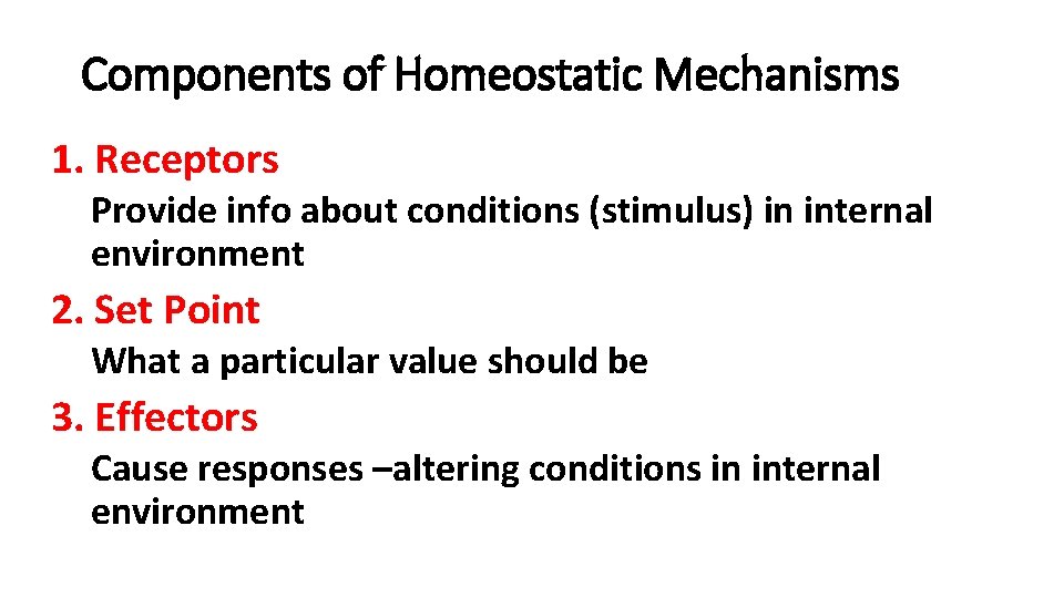 Components of Homeostatic Mechanisms 1. Receptors Provide info about conditions (stimulus) in internal environment