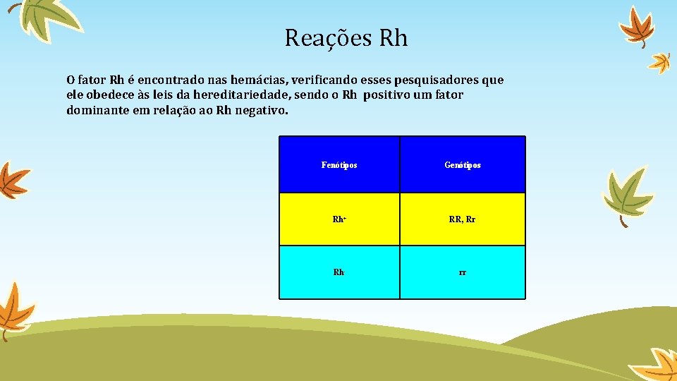 Reações Rh O fator Rh é encontrado nas hemácias, verificando esses pesquisadores que ele