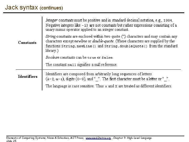 Jack syntax (continues) Elements of Computing Systems, Nisan & Schocken, MIT Press, www. nand