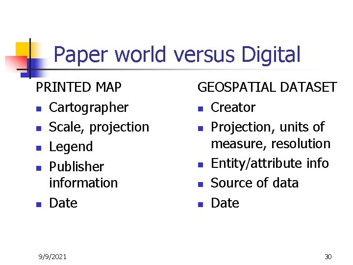 Paper world versus Digital PRINTED MAP n Cartographer n Scale, projection n Legend n