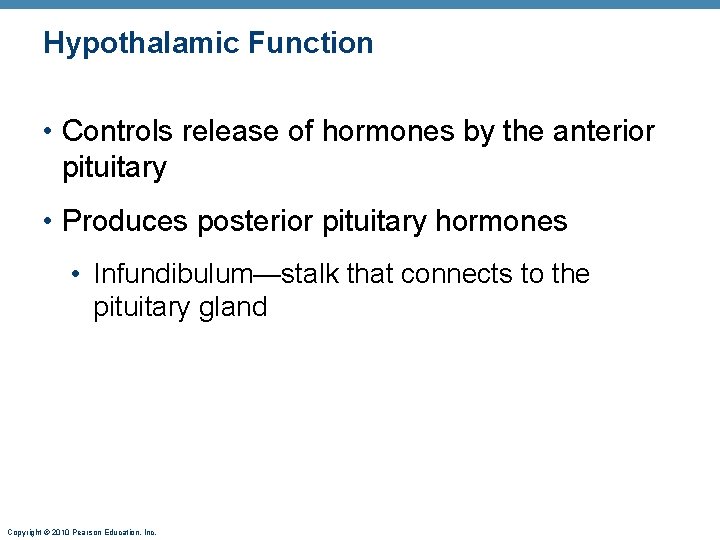 Hypothalamic Function • Controls release of hormones by the anterior pituitary • Produces posterior