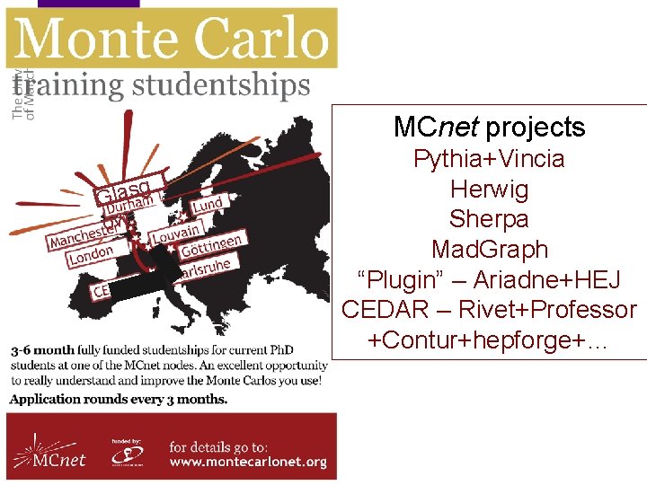 MCnet projects g Glas ow Pythia+Vincia Herwig Sherpa Mad. Graph “Plugin” – Ariadne+HEJ CEDAR