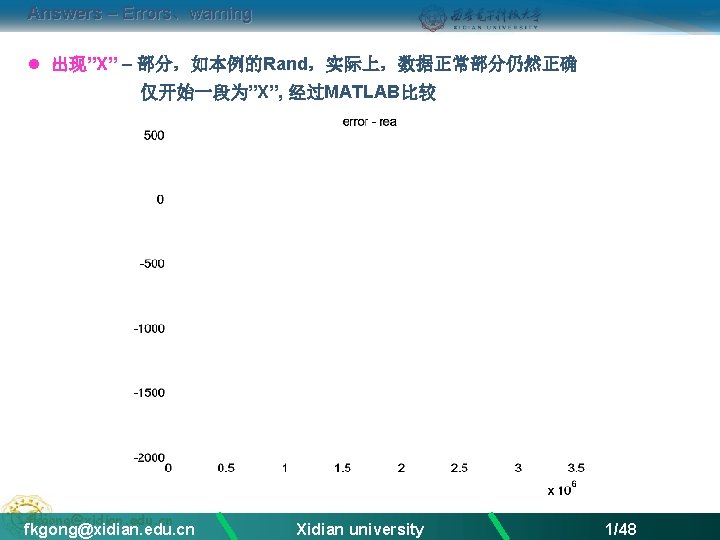 Answers – Errors、warning l 出现”X” – 部分，如本例的Rand，实际上，数据正常部分仍然正确 仅开始一段为”X”, 经过MATLAB比较 fkgong@xidian. edu. cn Xidian university