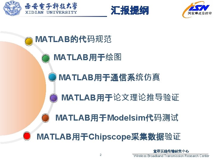 汇报提纲 MATLAB的代码规范 MATLAB用于绘图 MATLAB用于通信系统仿真 MATLAB用于论文理论推导验证 MATLAB用于Modelsim代码测试 MATLAB用于Chipscope采集数据验证 2 宽带无线传输研究中心 Wireless Broadband Transmission Research Center