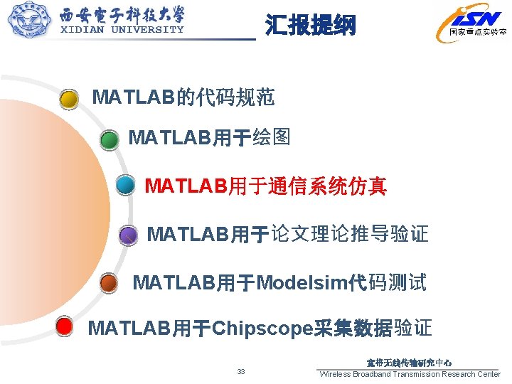 汇报提纲 MATLAB的代码规范 MATLAB用于绘图 MATLAB用于通信系统仿真 MATLAB用于论文理论推导验证 MATLAB用于Modelsim代码测试 MATLAB用于Chipscope采集数据验证 33 宽带无线传输研究中心 Wireless Broadband Transmission Research Center