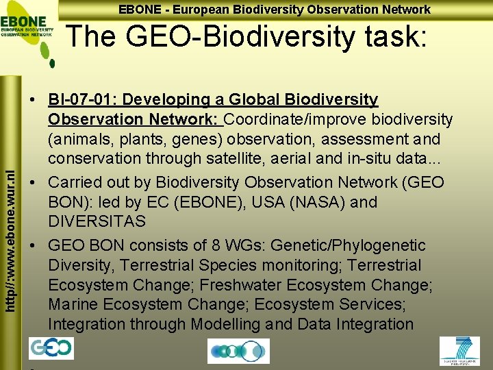 EBONE - European Biodiversity Observation Network http//: www. ebone. wur. nl The GEO-Biodiversity task: