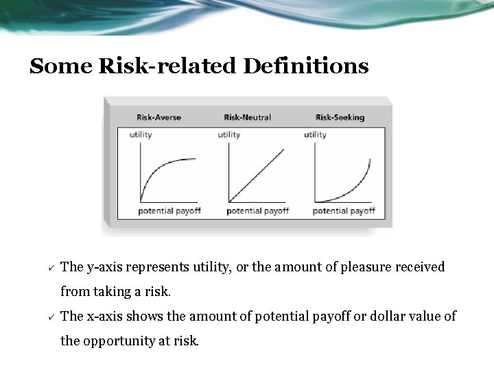 Some Risk-related Definitions ü The y-axis represents utility, or the amount of pleasure received