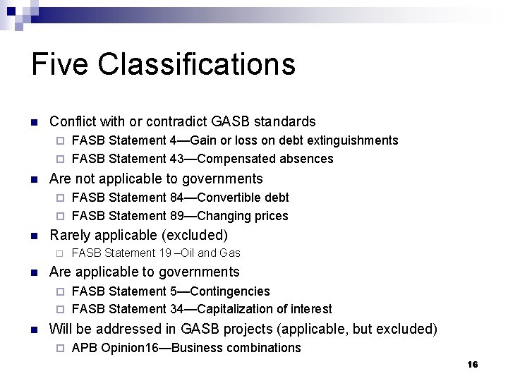 Five Classifications n Conflict with or contradict GASB standards FASB Statement 4—Gain or loss