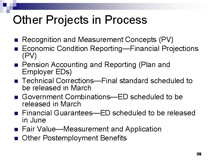 Other Projects in Process n n n n Recognition and Measurement Concepts (PV) Economic