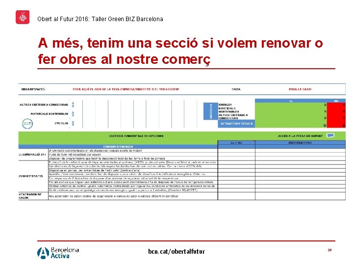 Obert al Futur 2016: Taller Green BIZ Barcelona A més, tenim una secció si