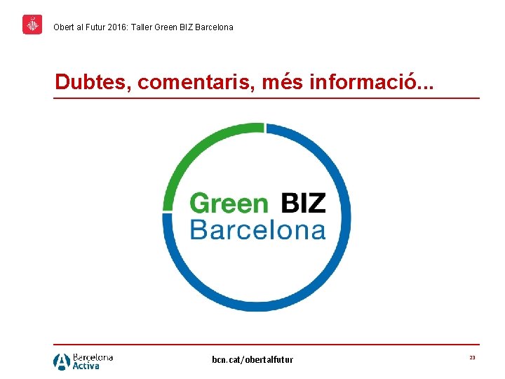 Obert al Futur 2016: Taller Green BIZ Barcelona Dubtes, comentaris, més informació. . .