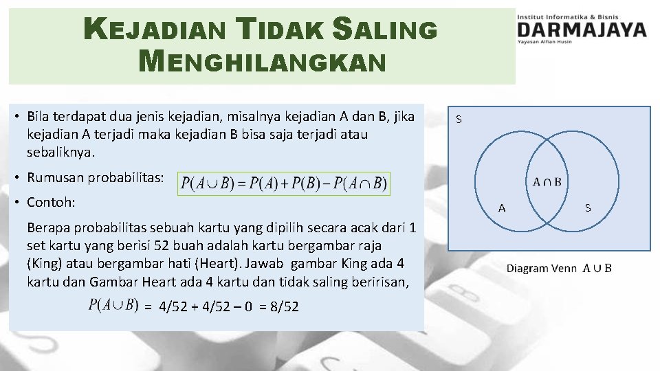 KEJADIAN TIDAK SALING MENGHILANGKAN • Bila terdapat dua jenis kejadian, misalnya kejadian A dan