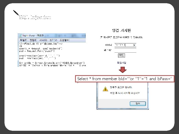 SQL Injection Select * from member b. Id=‘’’or ‘’ 1’’=‘’ 1 and b. Pass=‘