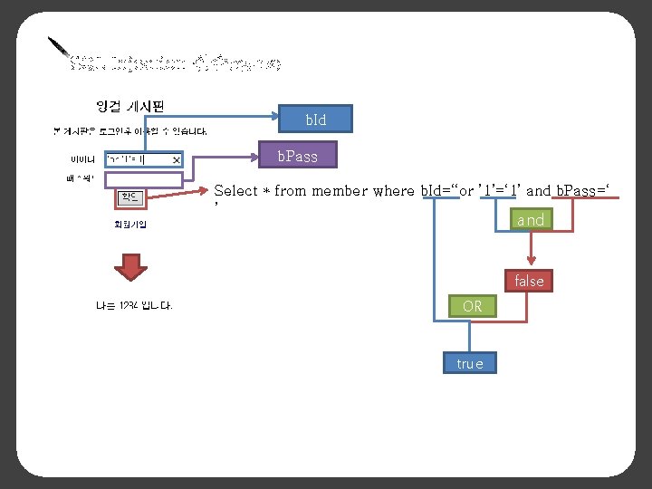 SQL Injection 실습(인증우회) b. Id b. Pass Select * from member where b. Id=‘‘or