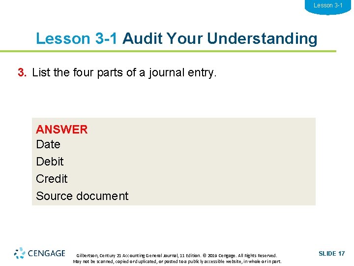 Lesson 3 -1 Audit Your Understanding 3. List the four parts of a journal