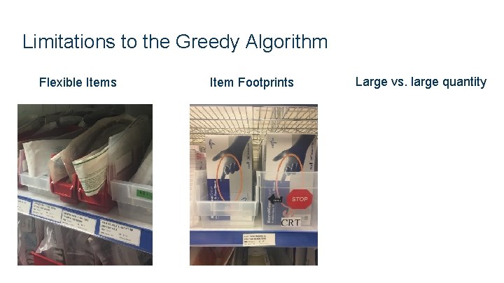 Limitations to the Greedy Algorithm Flexible Items Item Footprints Large vs. large quantity 
