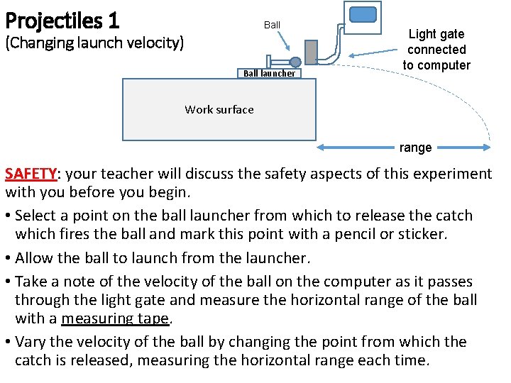 Projectiles 1 Ball (Changing launch velocity) Ball launcher Light gate connected to computer Work