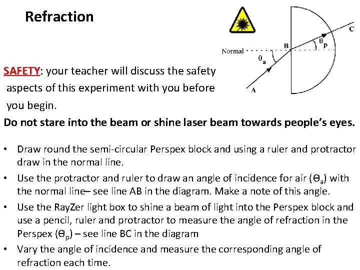 Refraction SAFETY: your teacher will discuss the safety aspects of this experiment with you