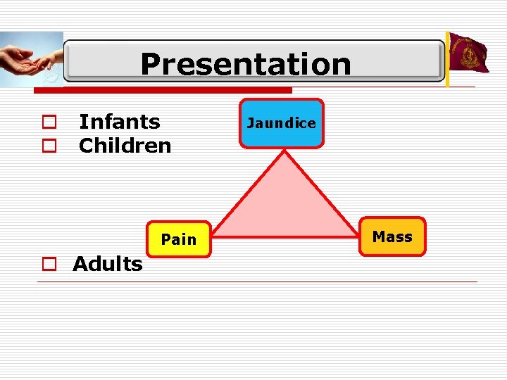 Presentation o Infants o Children Jaundice Classical Triad Pain o Adults Mass 