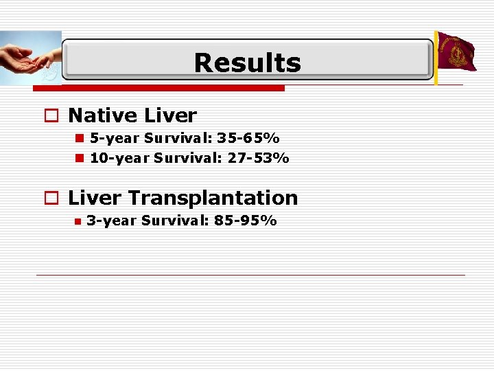 Results o Native Liver n 5 -year Survival: 35 -65% n 10 -year Survival: