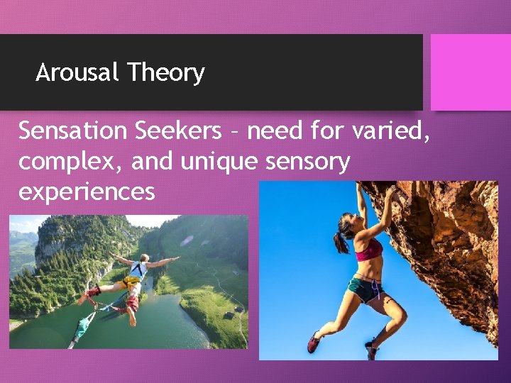 Arousal Theory Sensation Seekers – need for varied, complex, and unique sensory experiences 