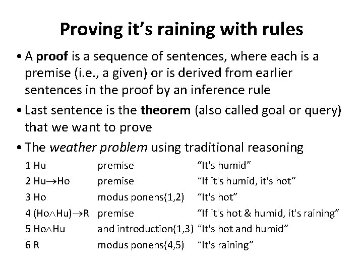 Proving it’s raining with rules • A proof is a sequence of sentences, where