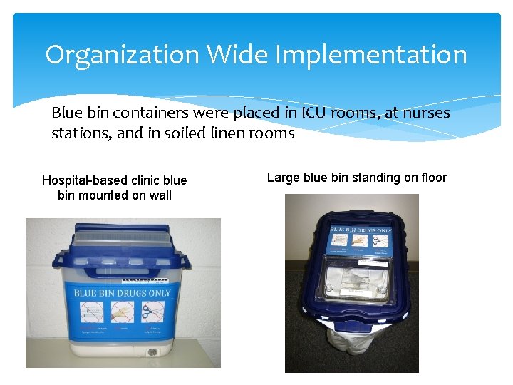 Organization Wide Implementation Blue bin containers were placed in ICU rooms, at nurses stations,