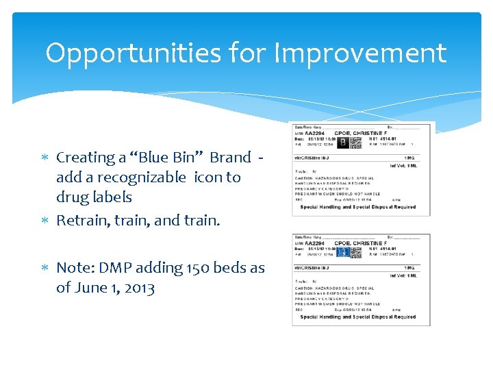 Opportunities for Improvement Creating a “Blue Bin” Brand add a recognizable icon to drug