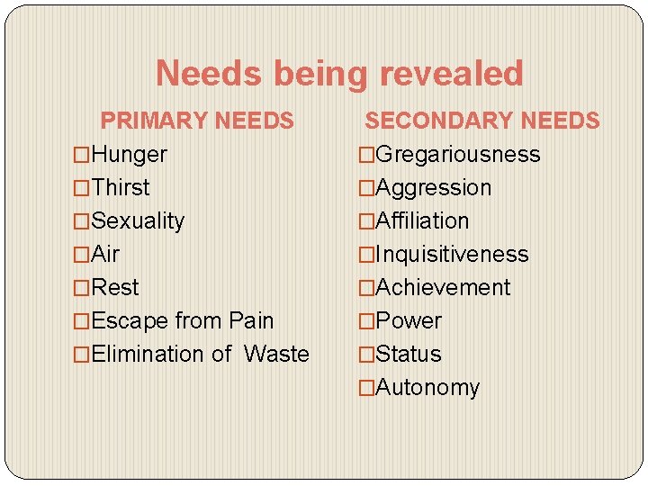 Needs being revealed PRIMARY NEEDS �Hunger �Thirst �Sexuality �Air �Rest �Escape from Pain �Elimination