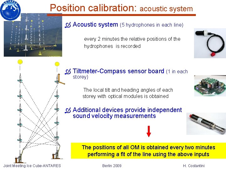 Position calibration: acoustic system Acoustic system (5 hydrophones in each line) every 2 minutes