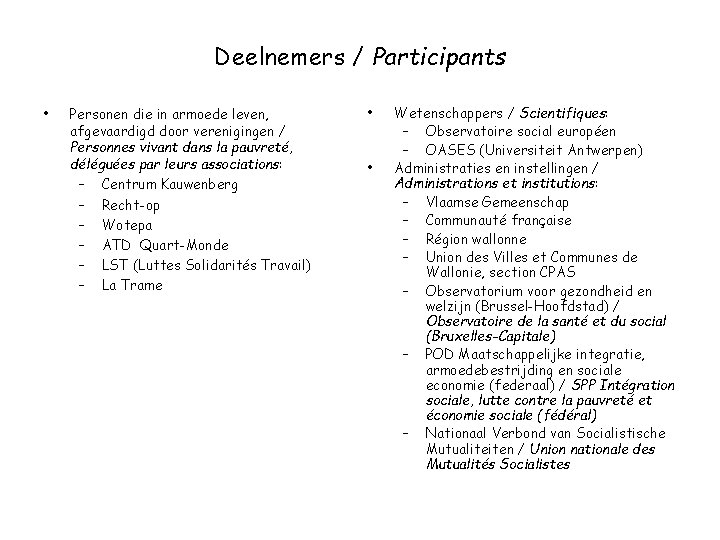 Deelnemers / Participants • Personen die in armoede leven, afgevaardigd door verenigingen / Personnes