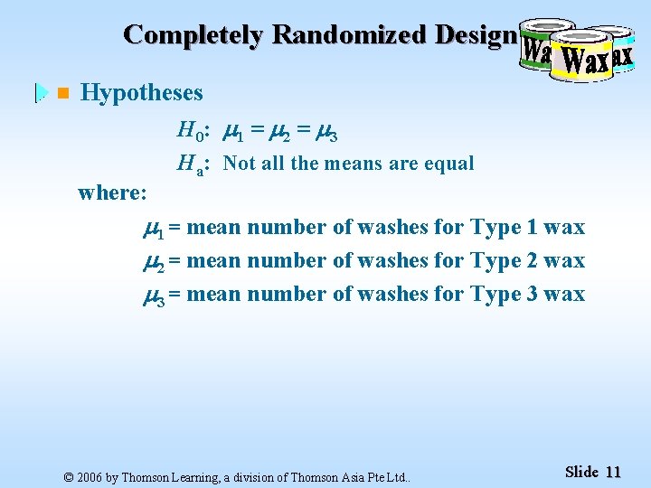 Completely Randomized Design n Hypotheses where: H 0: 1 = 2 = 3 Ha: