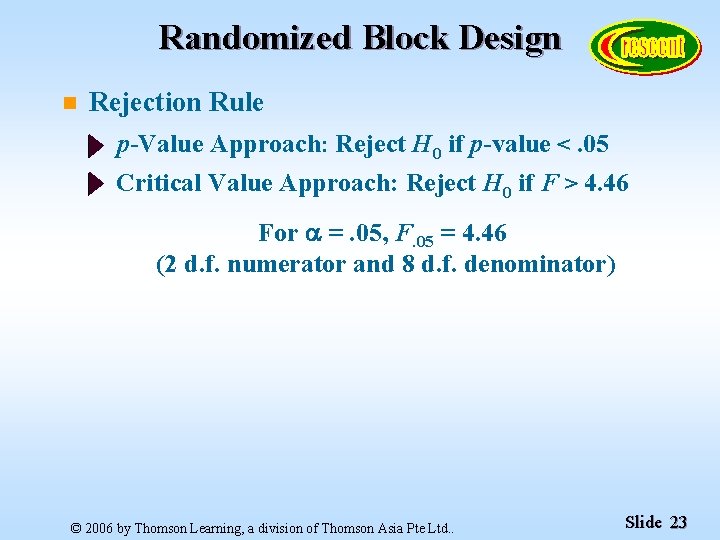 Randomized Block Design n Rejection Rule p-Value Approach: Reject H 0 if p-value <.