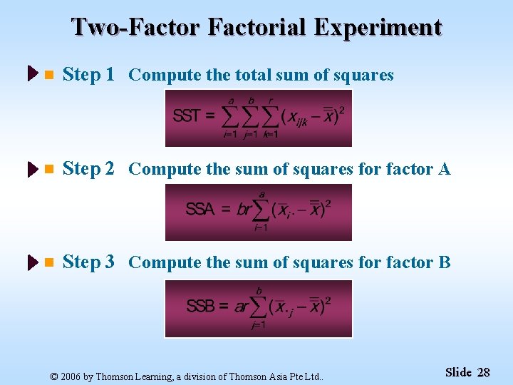 Two-Factorial Experiment n Step 1 Compute the total sum of squares n Step 2