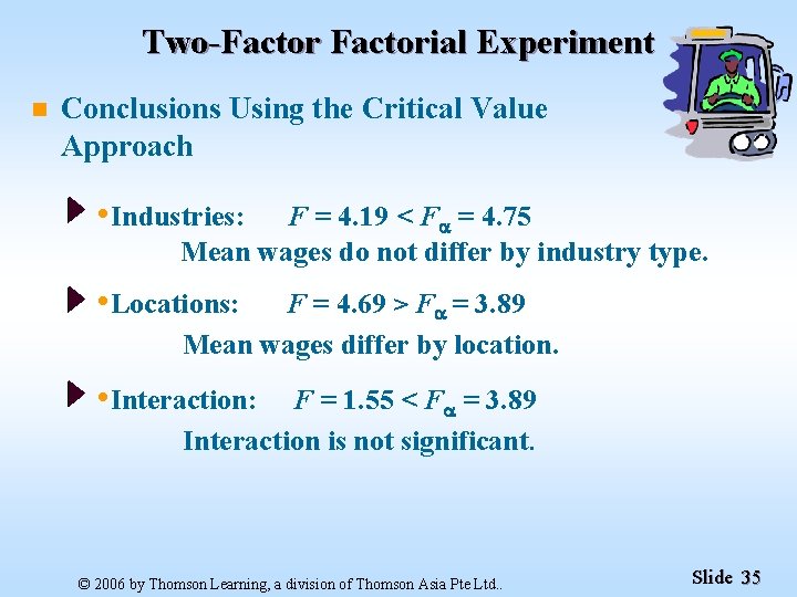 Two-Factorial Experiment n Conclusions Using the Critical Value Approach • Industries: F = 4.