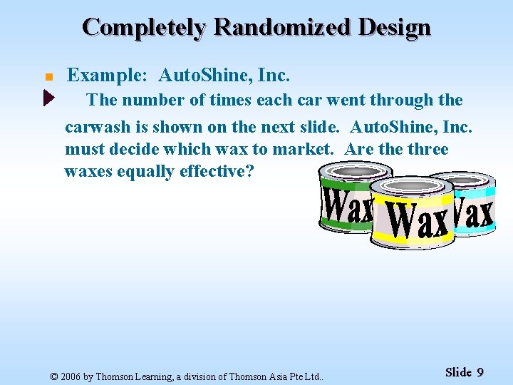 Completely Randomized Design n Example: Auto. Shine, Inc. The number of times each car