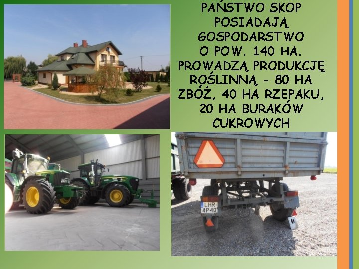 PAŃSTWO SKOP POSIADAJĄ GOSPODARSTWO O POW. 140 HA. PROWADZĄ PRODUKCJĘ ROŚLINNĄ - 80 HA