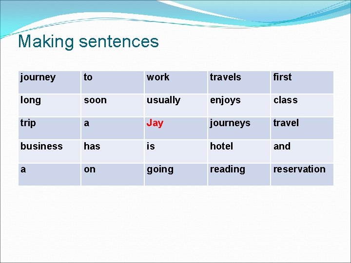 Making sentences journey to work travels first long soon usually enjoys class trip a