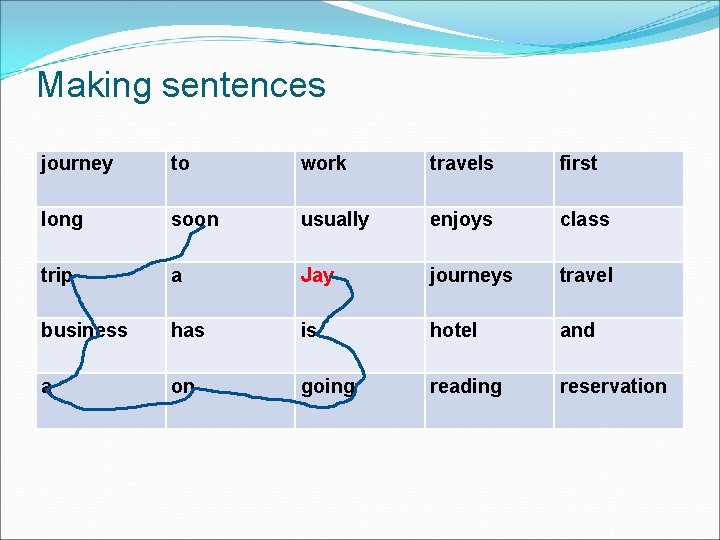 Making sentences journey to work travels first long soon usually enjoys class trip a