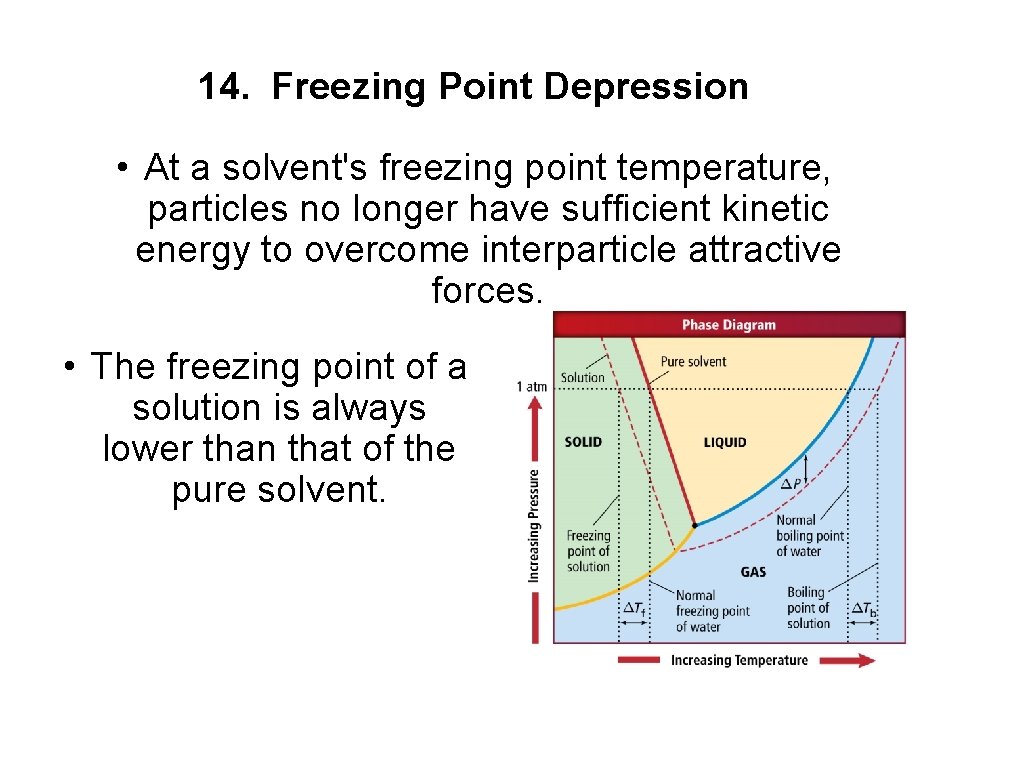 14. Freezing Point Depression • At a solvent's freezing point temperature, particles no longer