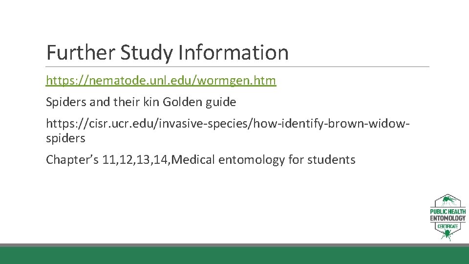 Further Study Information https: //nematode. unl. edu/wormgen. htm Spiders and their kin Golden guide