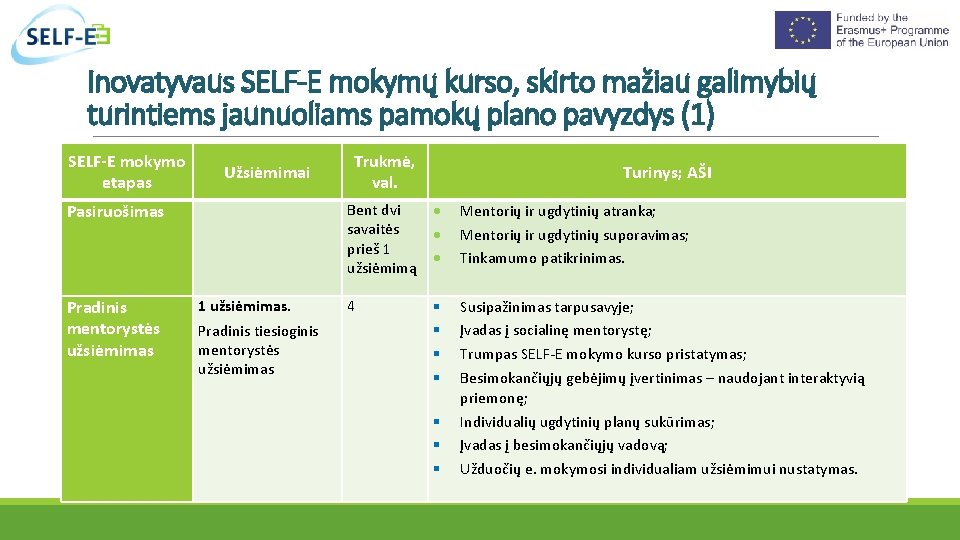 Inovatyvaus SELF-E mokymų kurso, skirto mažiau galimybių turintiems jaunuoliams pamokų plano pavyzdys (1) SELF-E