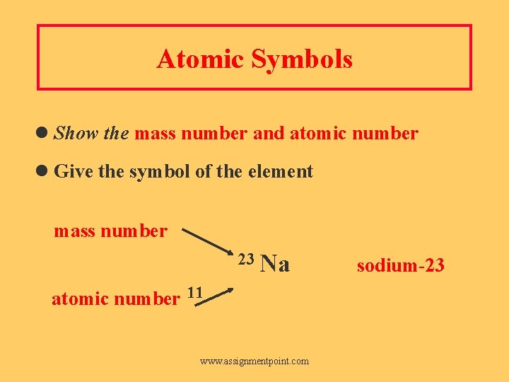Atomic Symbols l Show the mass number and atomic number l Give the symbol