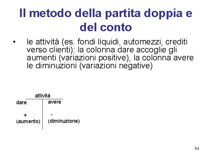 Il metodo della partita doppia e del conto • le attività (es. fondi liquidi,